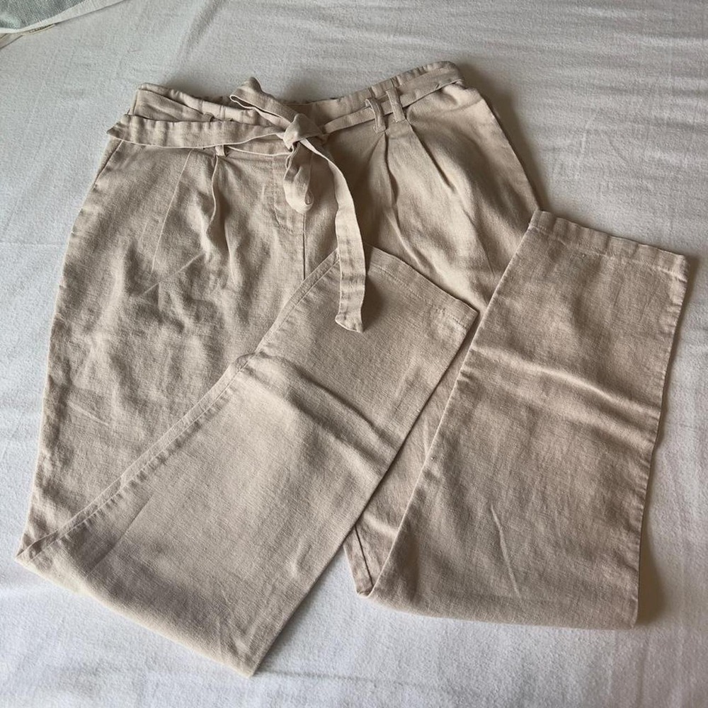 HAVE Los Angeles Pants Women Large Beige Linen Blend‎ Pleated Paperbag Waist Tie
